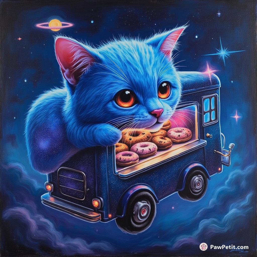 A neon-blue cat who's selling galaxy doughnuts in a floating alien food truck.