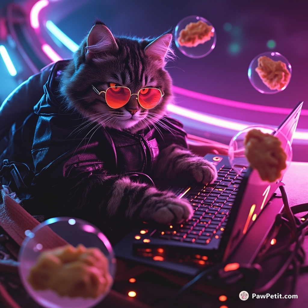Cyberpunk cat hacking the mainframe on a neon-light spaceship, surrounded by floating zero-gravity lasagna.