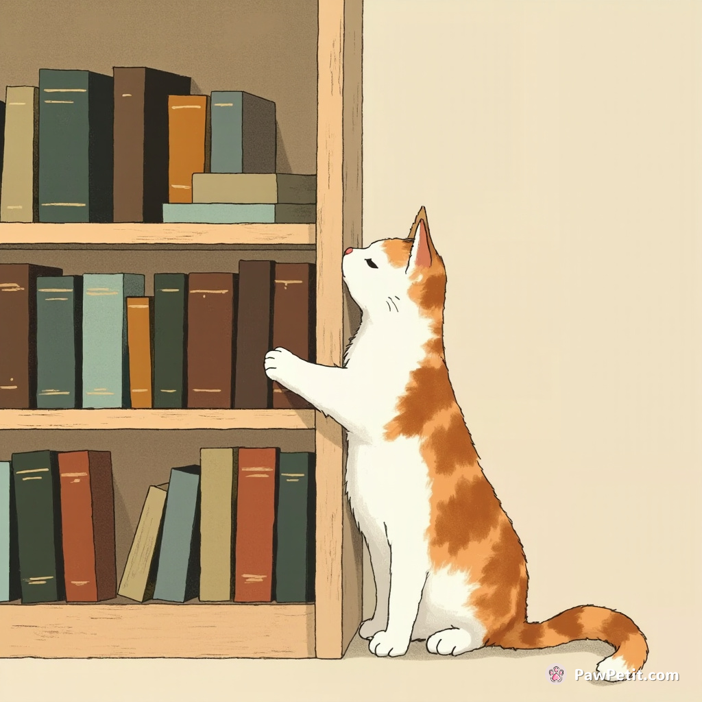 In a fit of feline misunderstanding, the cat relentlessly rubs against a bookshelf, deeming it the head human.
