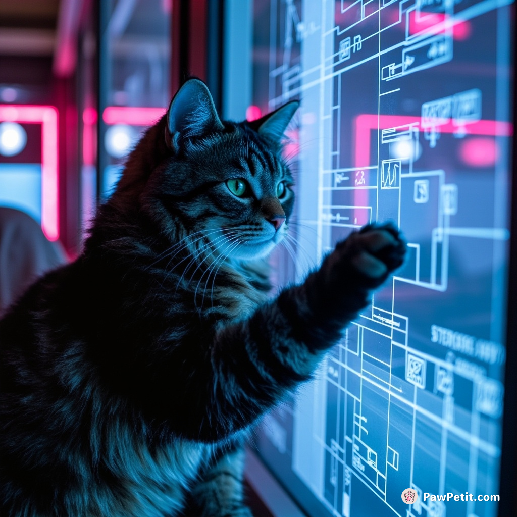 Convinced of superior dexterity, a cat zone-approves blueprints, its paw randomly swiping at a touchscreen in architectural rise.