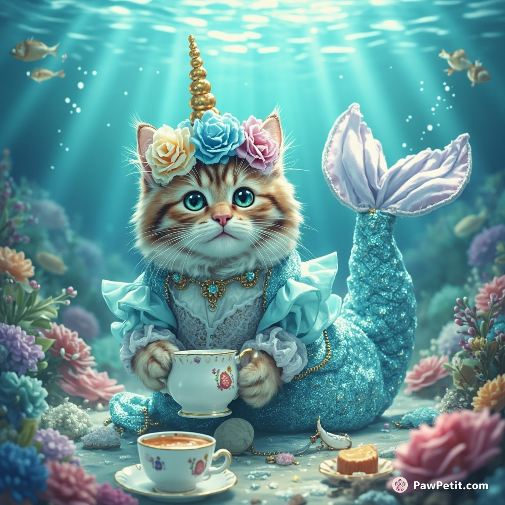 A cat hosting an underwater tea party for its narwhal friends while wearing a sparkling mermaid tail costume.
