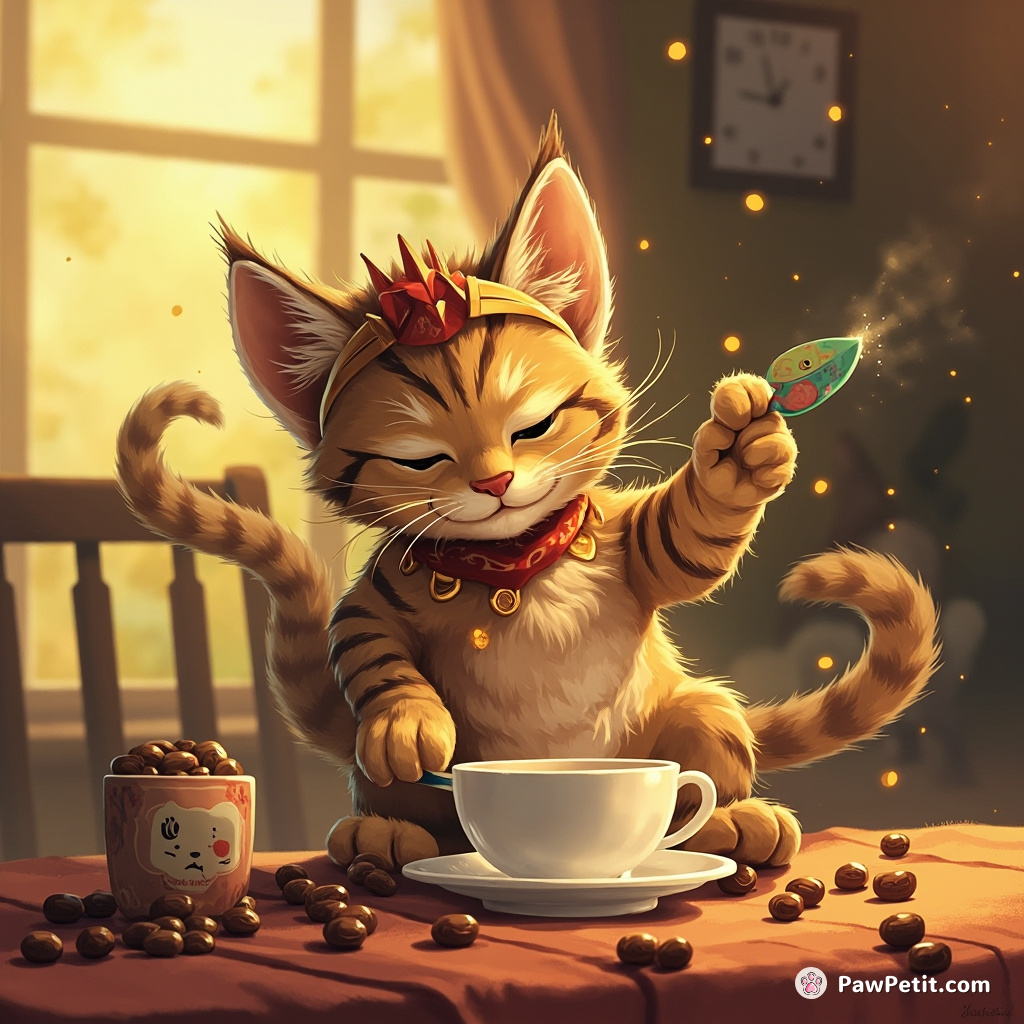 Boisterously bouncing Tabby, comical jazz pawing at spoon-stirred coffee, mimicking dawn grogginess of adopted two-leggling comrades.