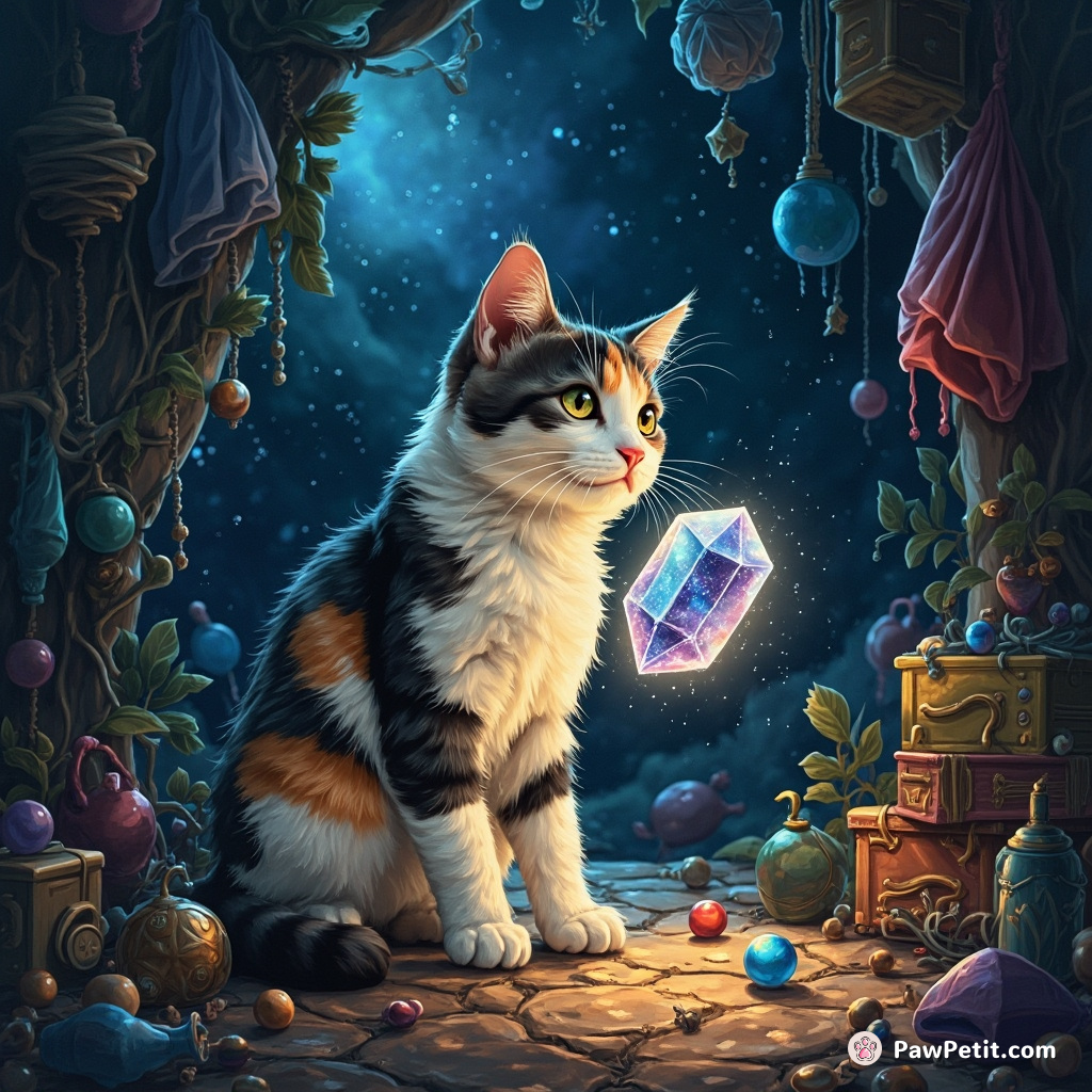 A calico cat discovering a nebulium crystal in an intergalactic flea market.