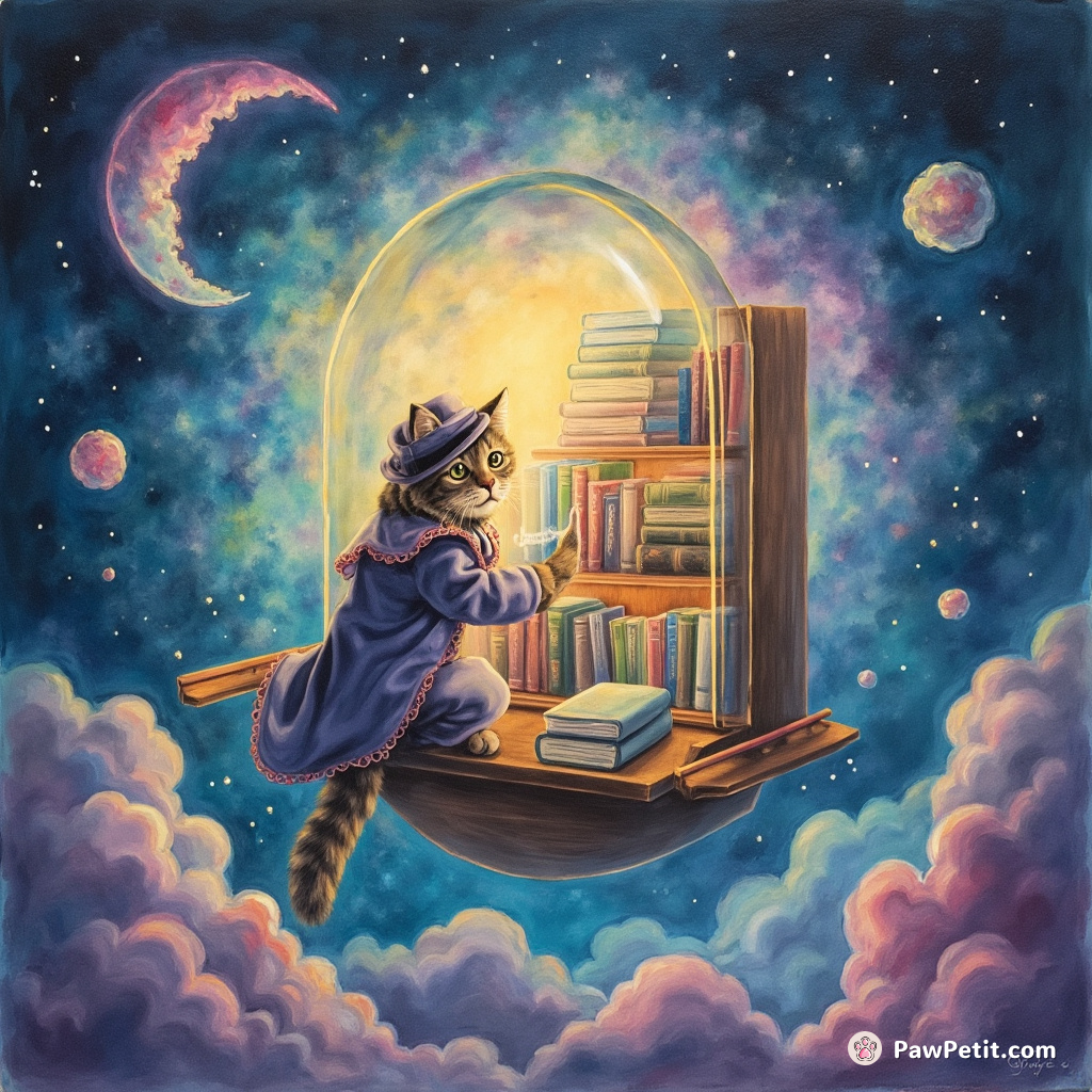 Cat in Victorian clothing perusing a floating bookstore in a fluorescent nebula.