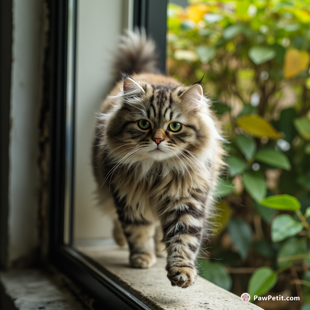 Cat leaps from windowsill, lands in garden, then struts with exaggerated swagger, imitating human power walk.