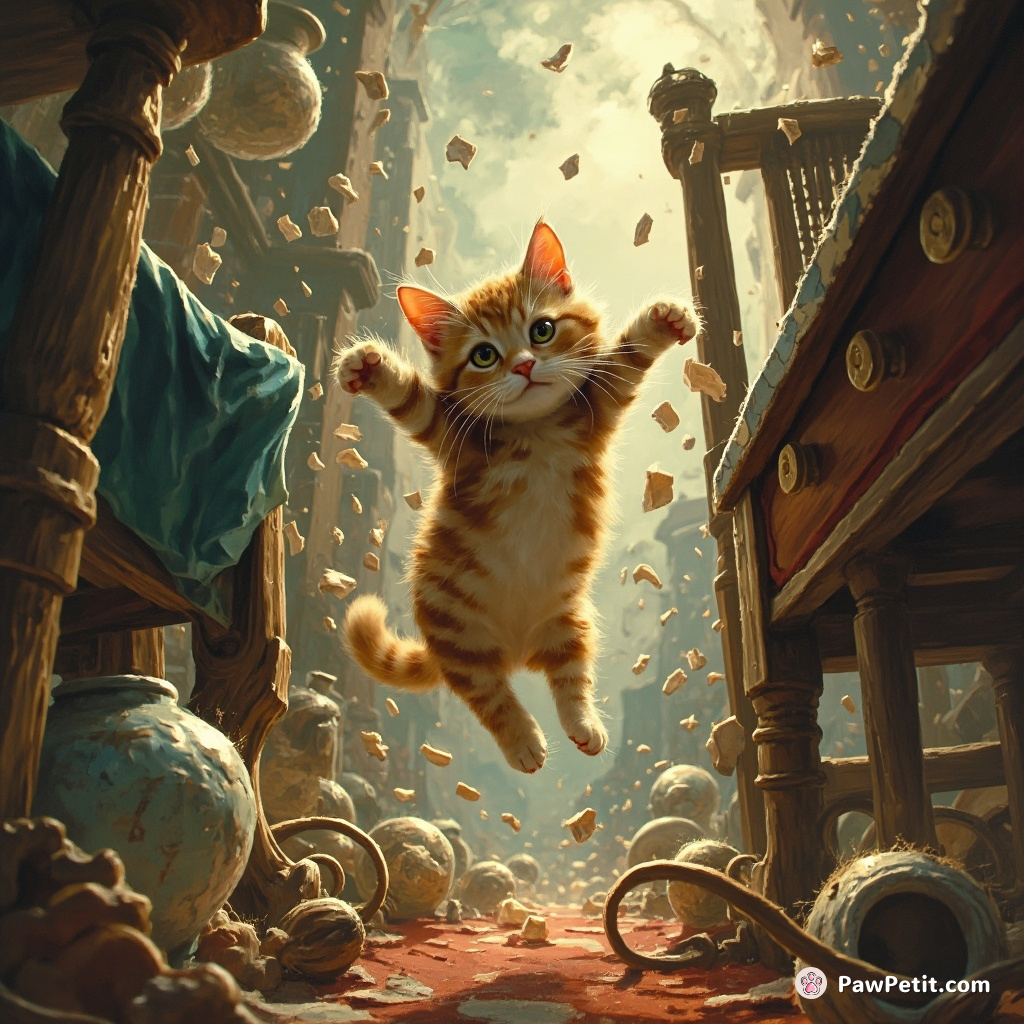 The cat darts between legs, leaping onto a table, knocking over a vase in the chaos.