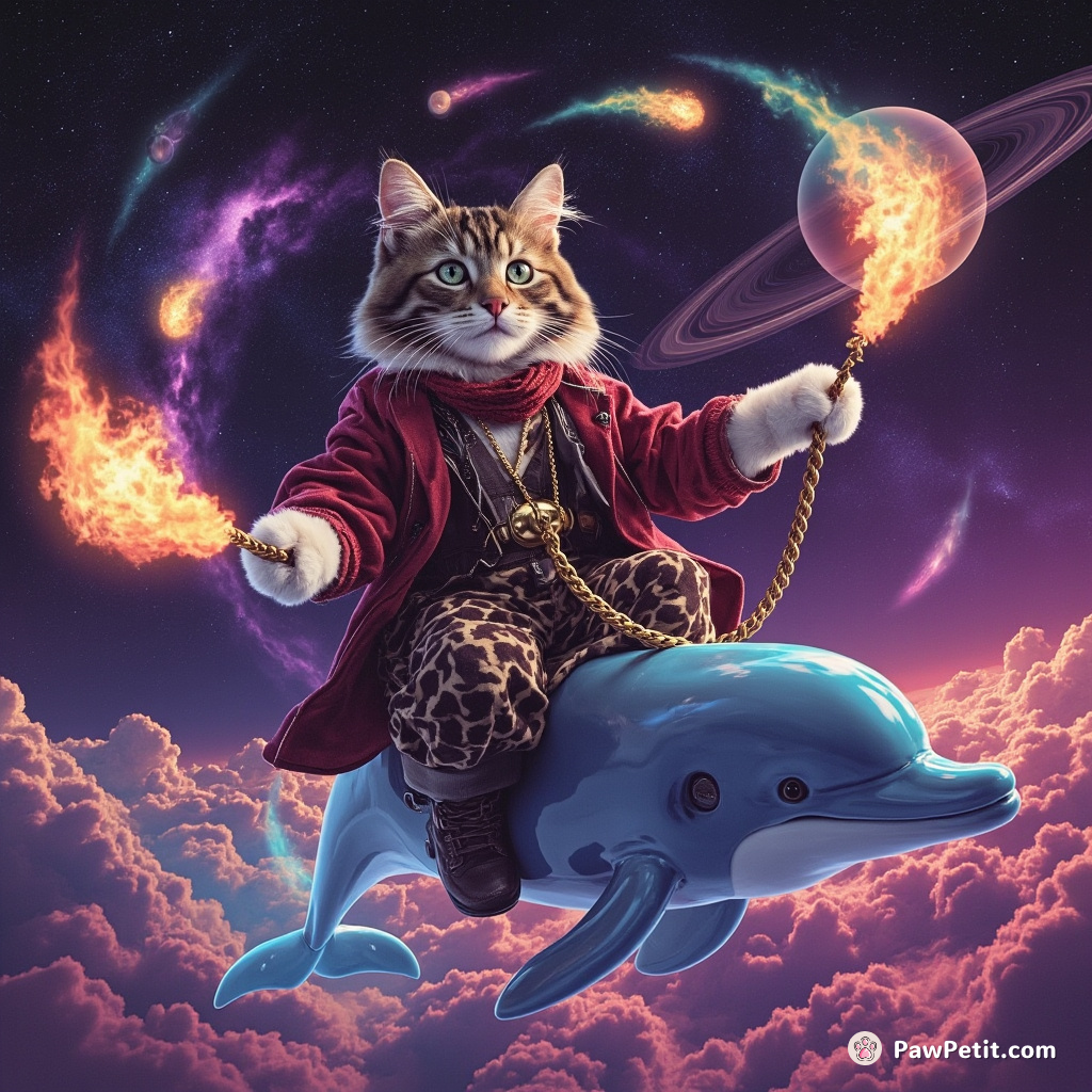 Cat-pirate riding a dolphin across the skies of Saturn while juggling multicolor fireballs.