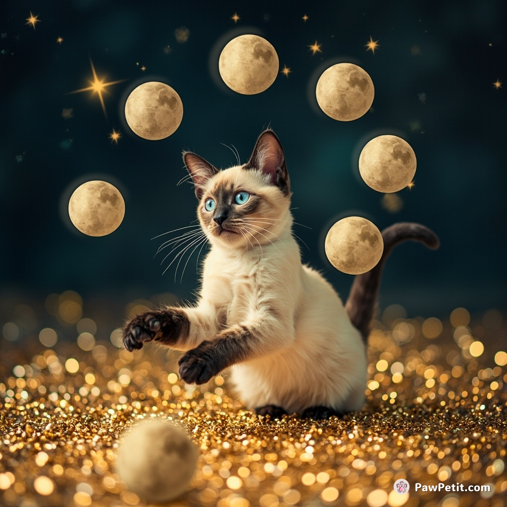 Cosmic cat juggling multiple moons over a sparkling sea of liquid gold.