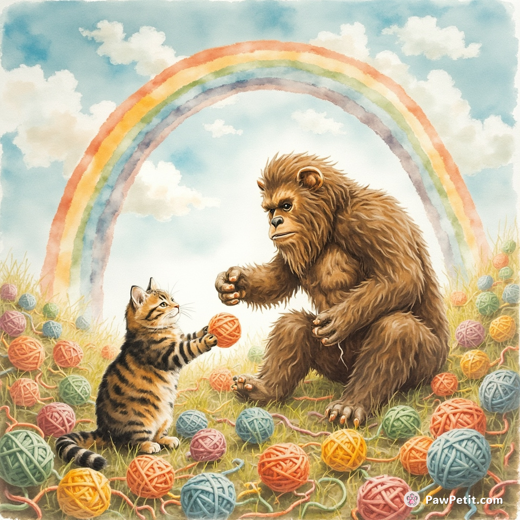 A cat nonchalantly playing 4D chess with Bigfoot in a field of knitting yarn under an upside-down rainbow.