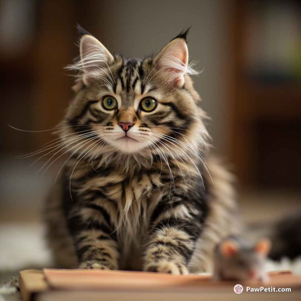 Cat attempts a strict 9-to-5 work routine by continually 'hunting' the sightless mouse - her favorite toy.