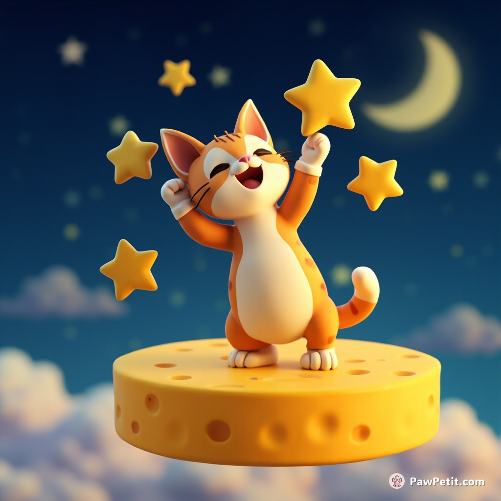 Cat stapling stars to the night sky from atop a floating cheese wheel.