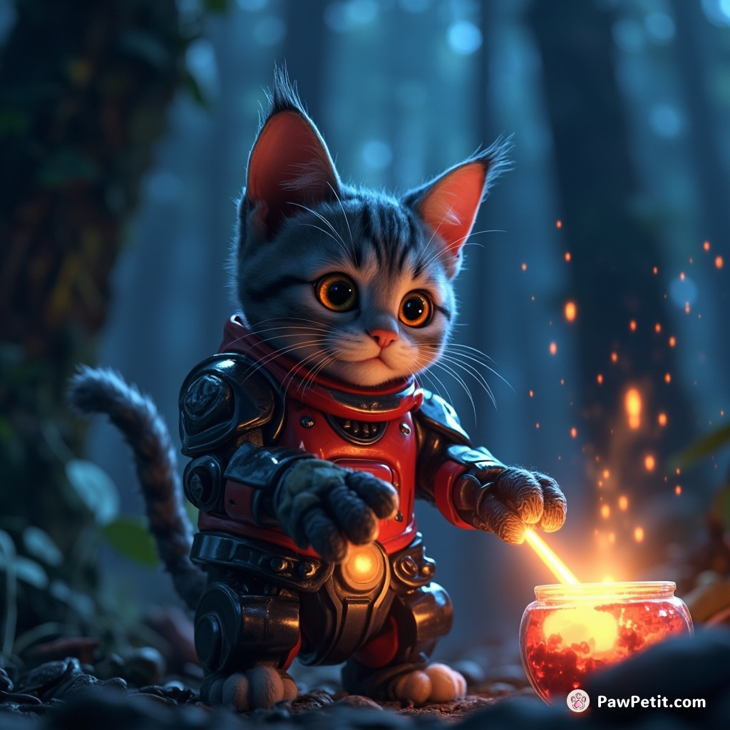 Cyborg cat stirring a glowing potion in a nocturnal forest using its laser tail.
