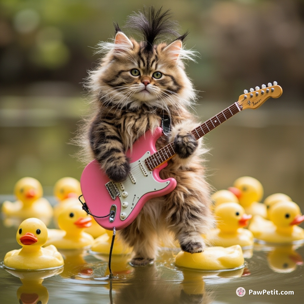Cat with Elvis-style pomp, strumming a bright pink electric guitar, levitating over a marsh full of disco ducks.