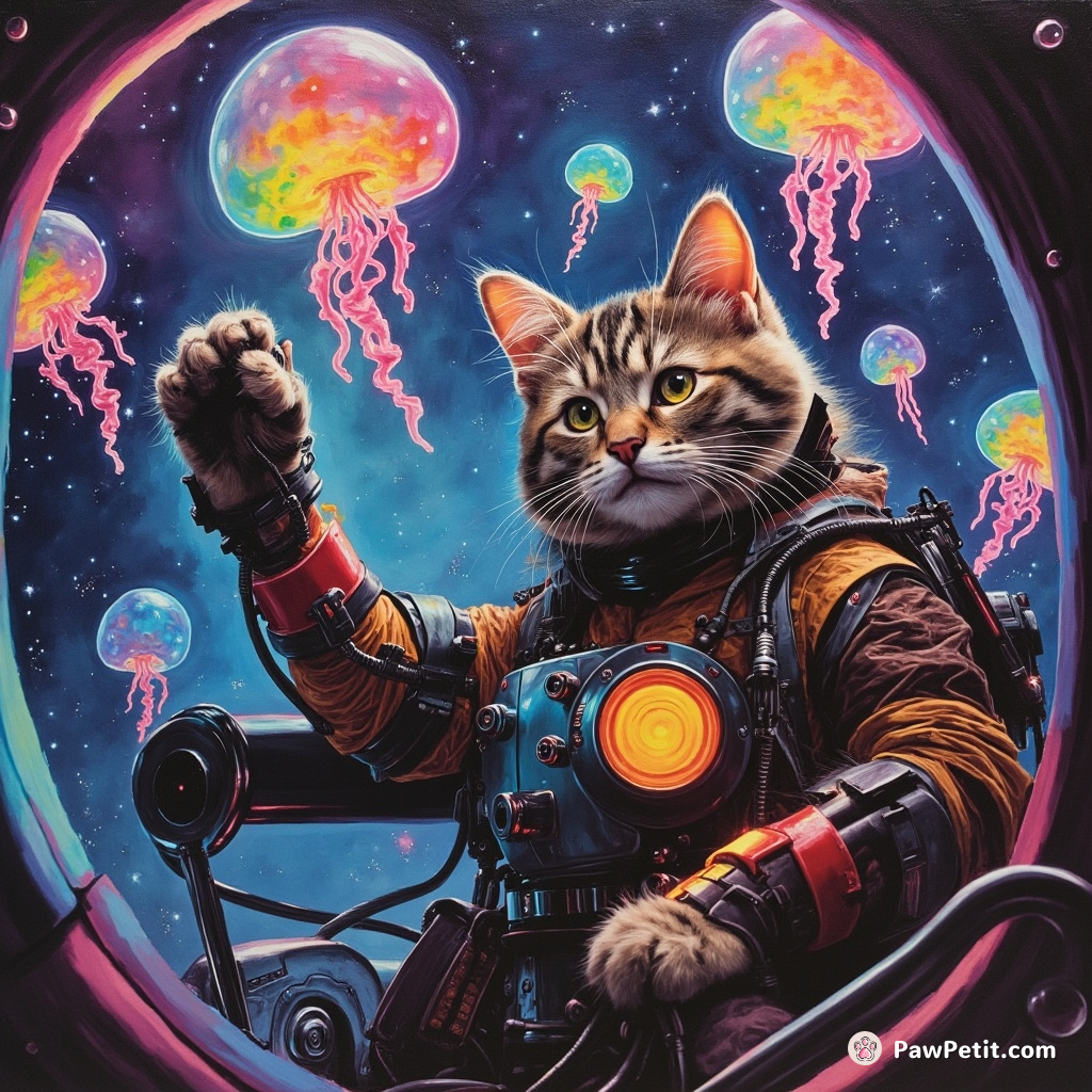 Cybernetic cat juggling neon rainbow jellyfish in a zero-gravity disco spaceship.
