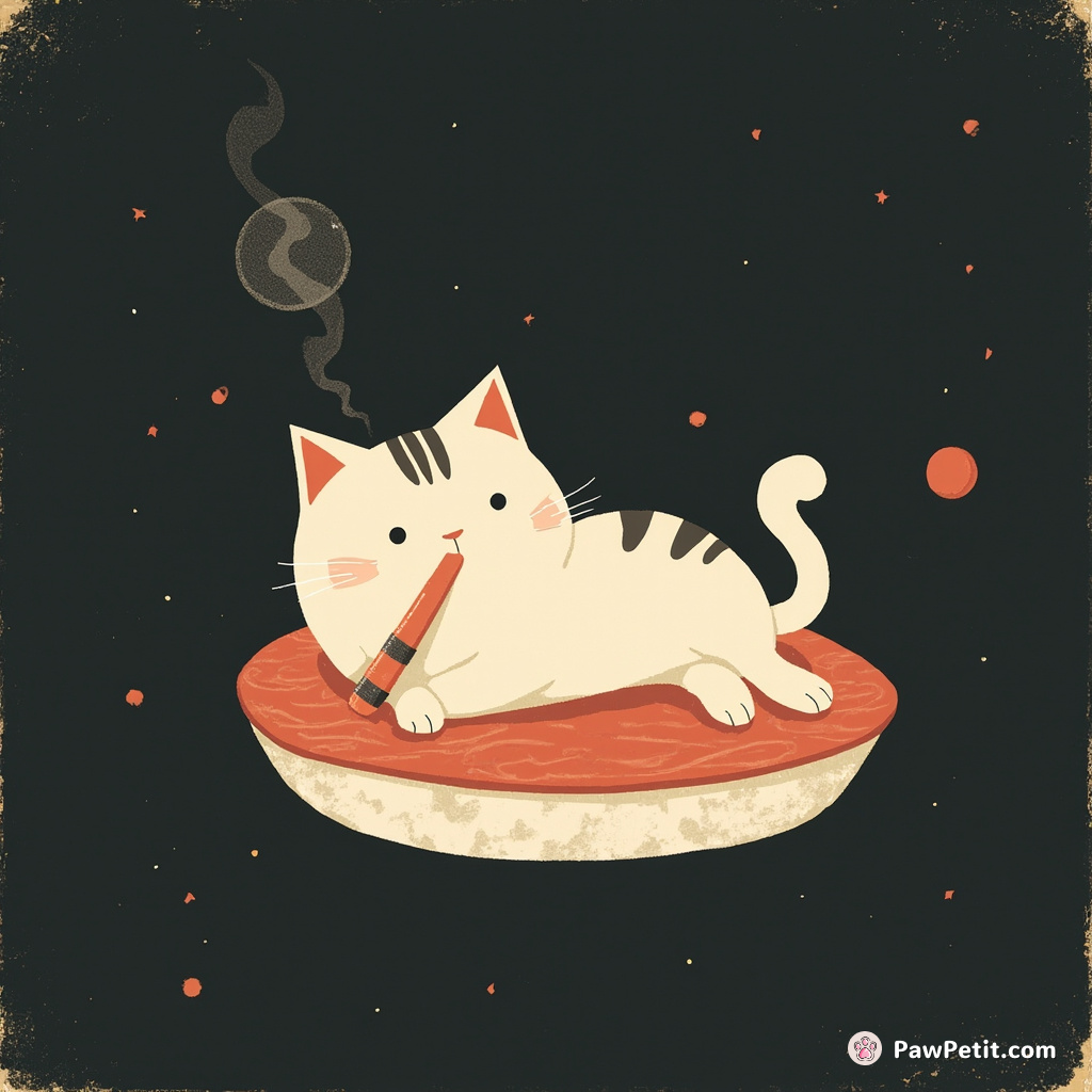 A cat smoking a bubble pipe, lounging on a piece of floating sushi in space, depicting an aura of zen-like calmness.