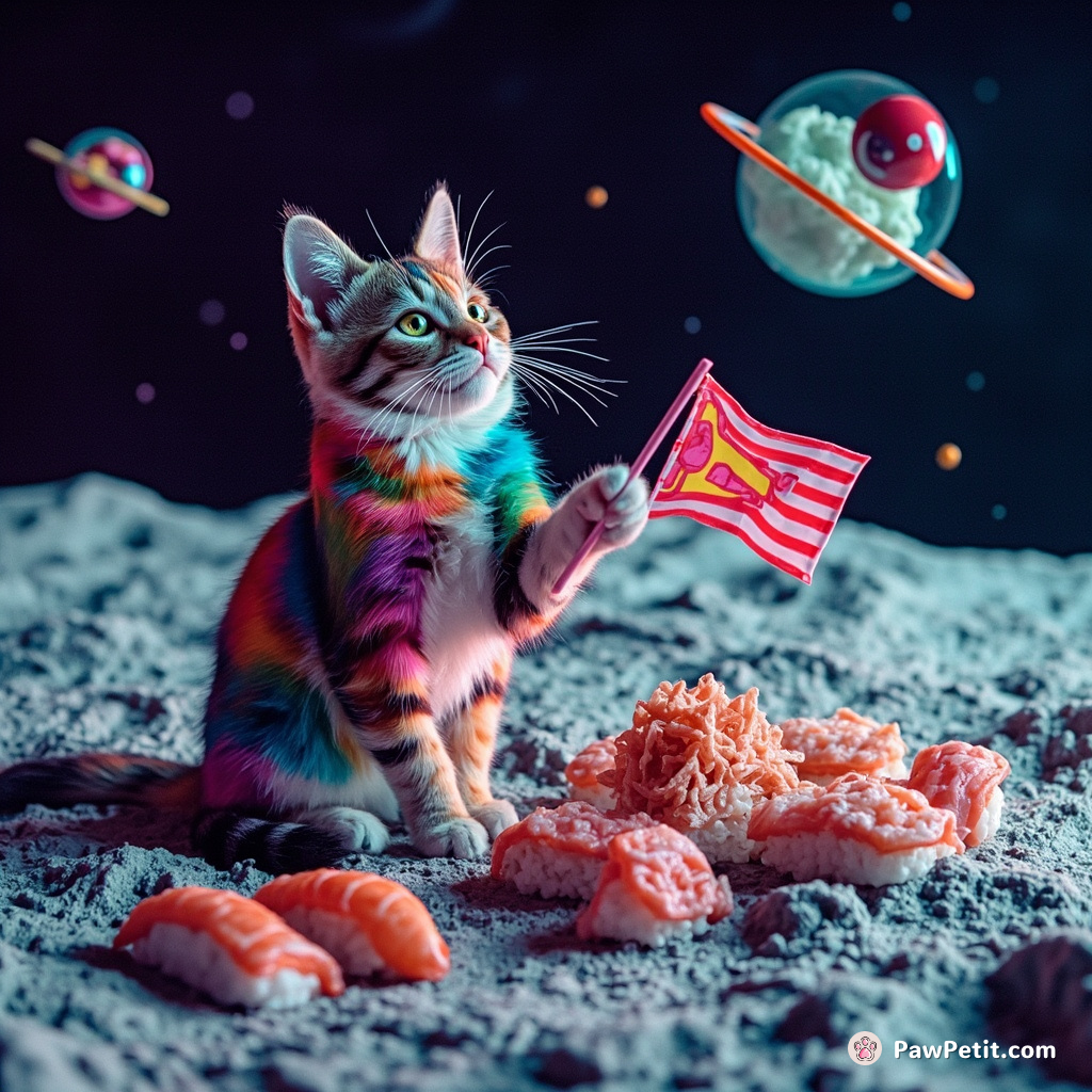 A multicolored cat painting a semaphore flag masterpiece on the moon's surface while space-rock sushi floats around.