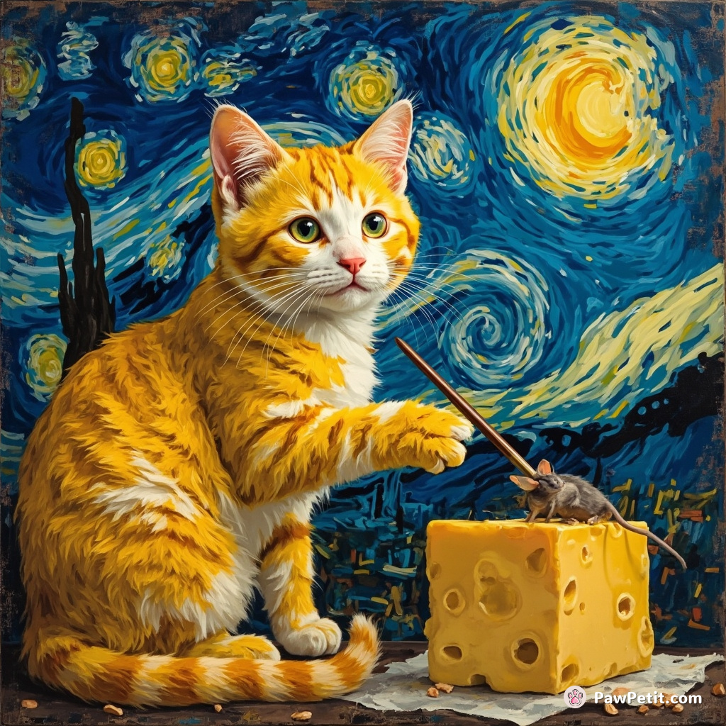 Cat impersonating Van Gogh, fur painted in swirling yellows and whites, using a mouse-tipped paintbrush, trying to mimic 'Starry Night' on a canvas made of cheese.
