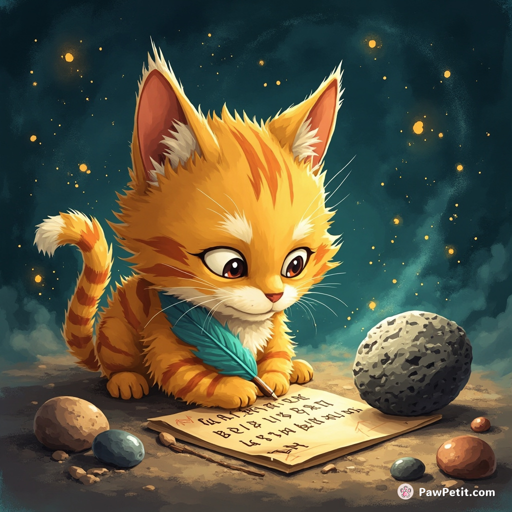 A golden-furred cat etching a farewell note in alien runes on a palm-sized meteorite using a periwinkle quill.