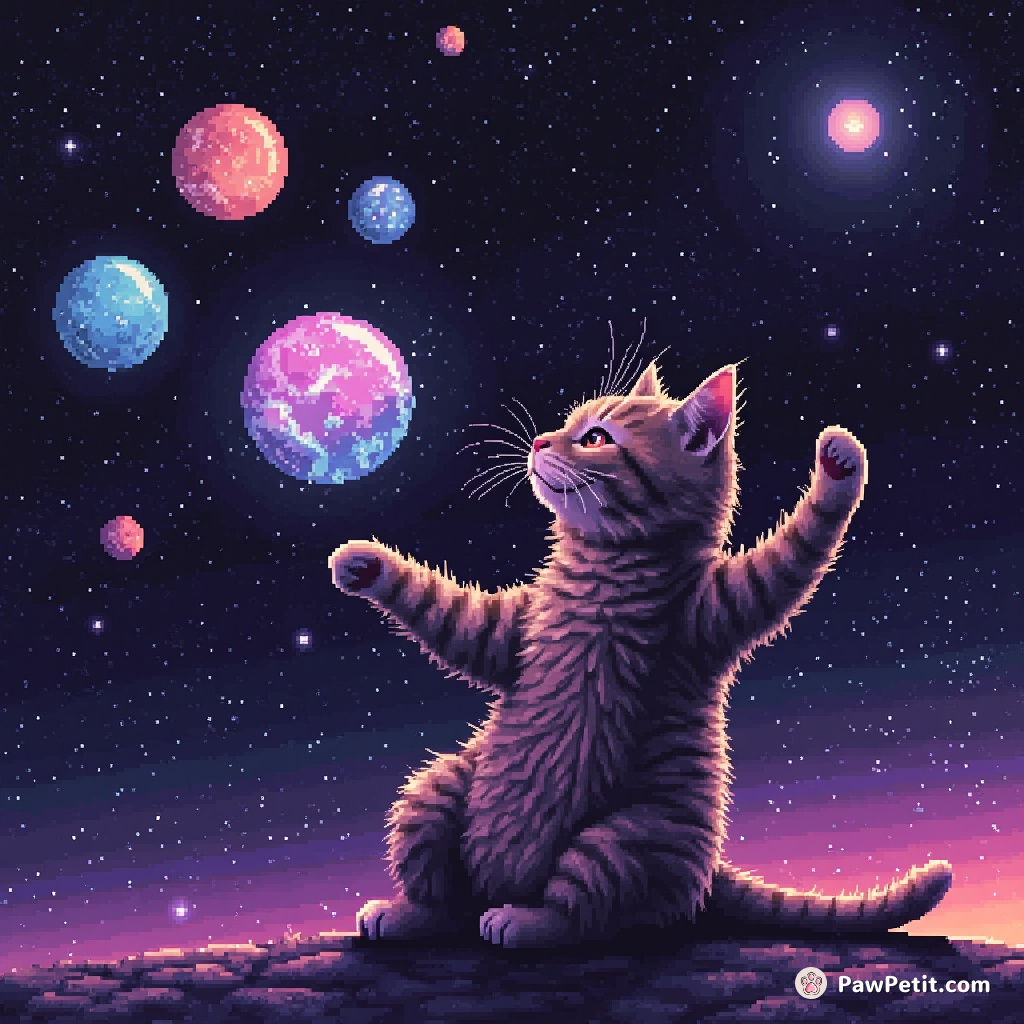 Giant cat juggling galaxy-sized planetary orbs in the solitude of deep space.