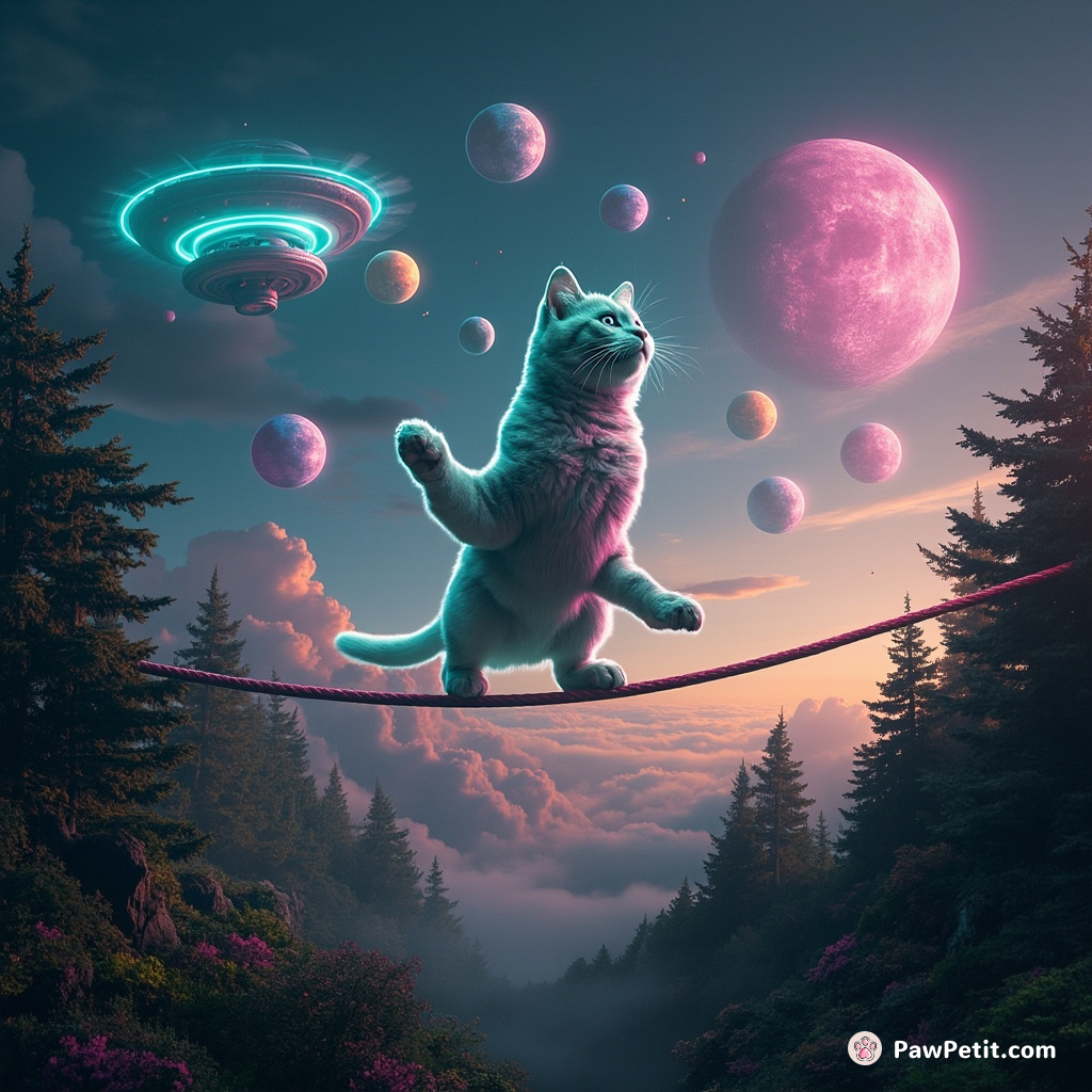 Giant neon cat juggling planets on a tightrope spanning between two hovering UFOs over an enchanted forest.