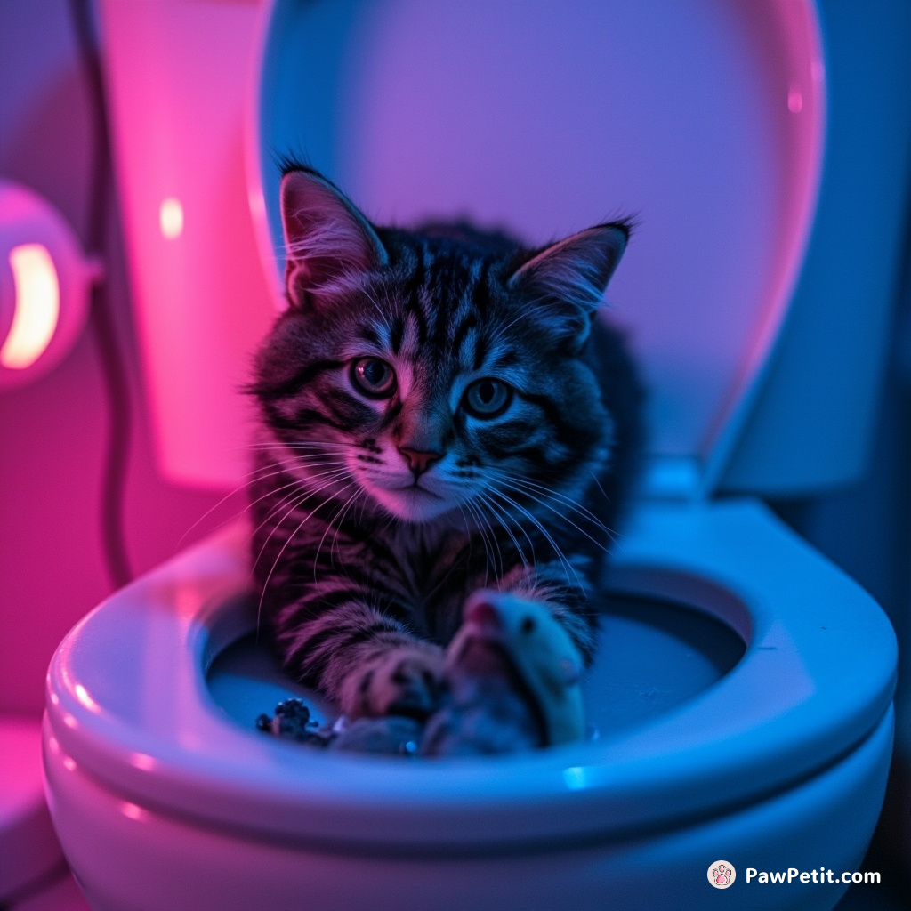 Mischief, the striped tabby, assumes humans bathe in toilets, mystifyingly pawing and dunking his toy mouse into it.