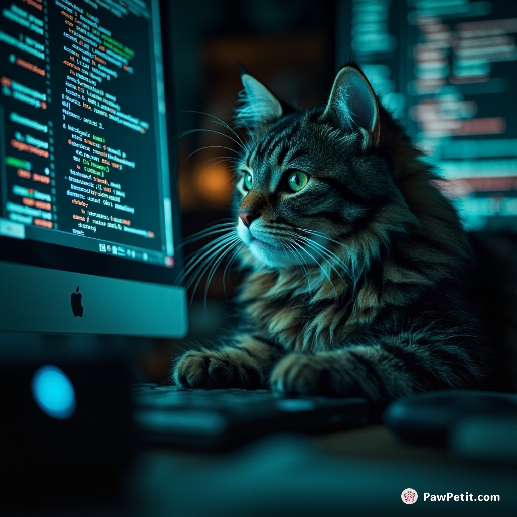 The cat confidently typed complex programming code at blinding speed, surpassing even mega-tech firms' best human programmers.