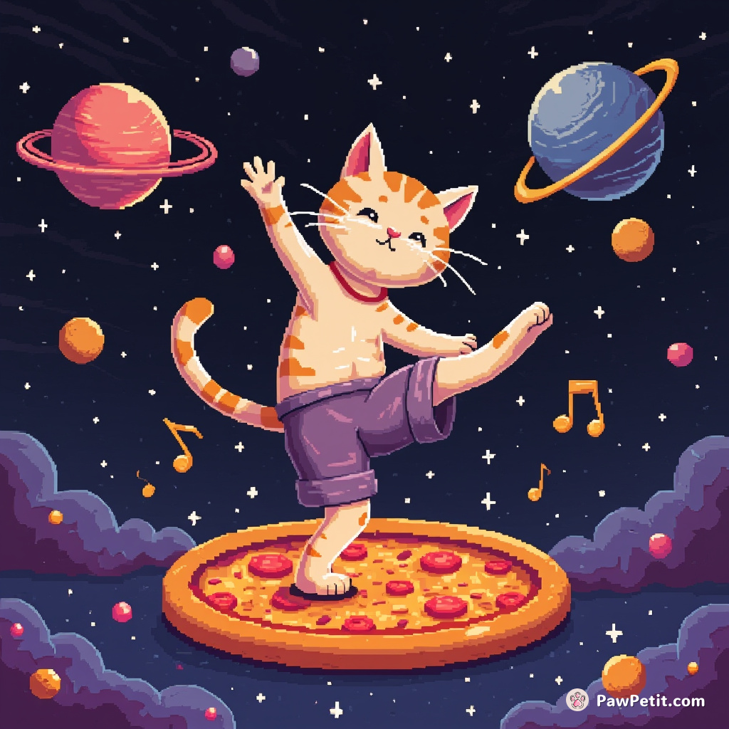A cat break-dancing on top of a pizza floating in space with jazz notes orbiting around him.
