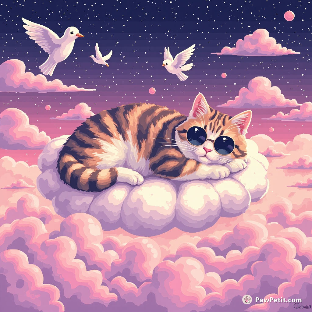A lazy feline lounging on a marshmallow cloud as cotton candy birds flutter around, with the entire cosmos reflected in its wide eyes.