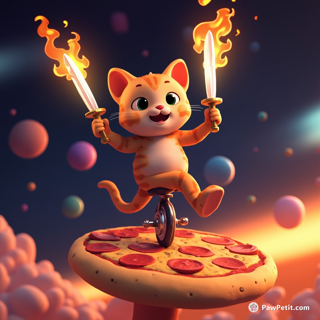 Cat on a unicycle juggling flaming swords atop a pizza in space.