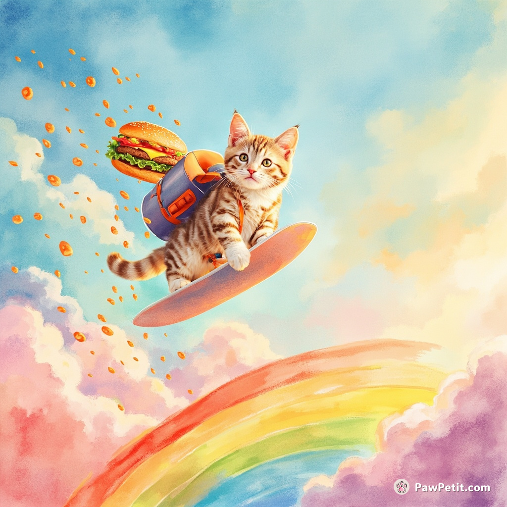 Cat surfing on a rainbow in candyland, firing cheeseburgers from jetpack.