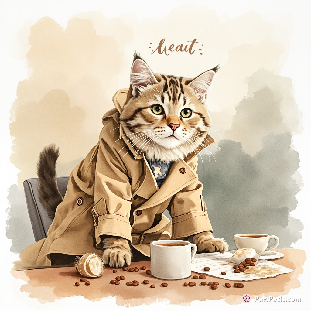 Cat wears a trench coat, "meows" in a meeting, chaos erupts as it knocks over coffee with its tail.
