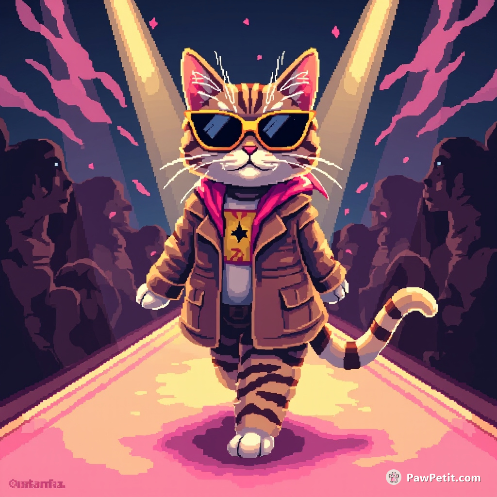In a zany world, **the cat, whiskers twitching, struts on a runway thinking it’s a supermodel**.