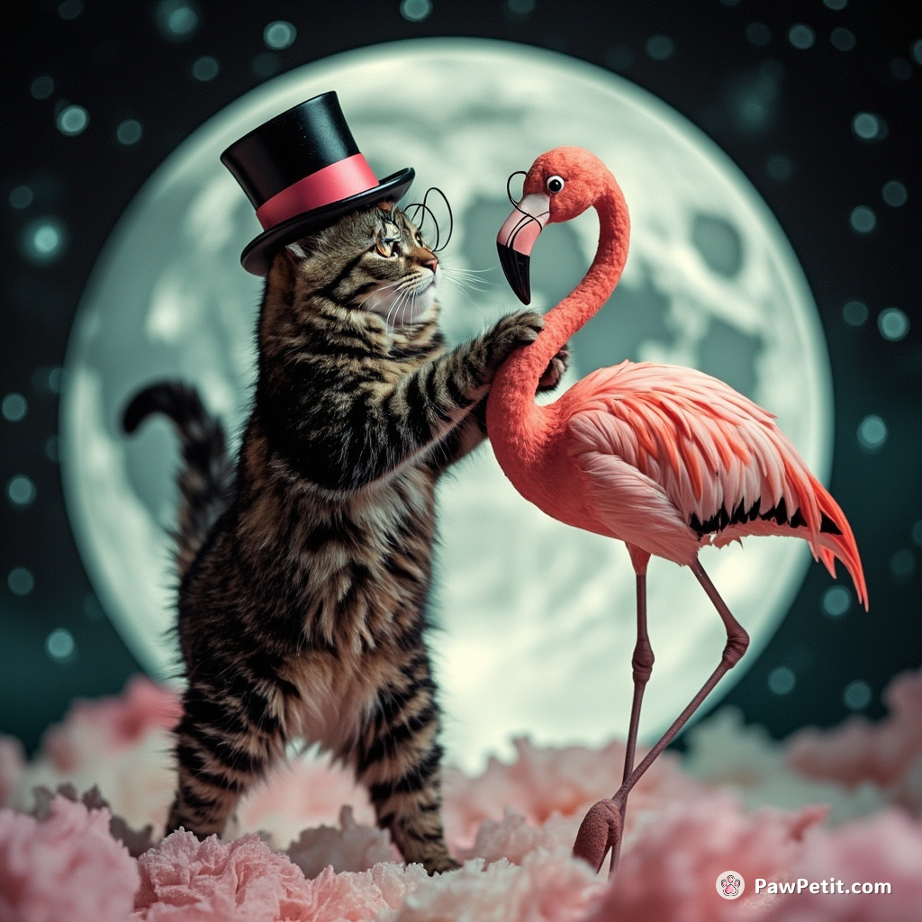 A tabby cat performing a waltz with a flamingo on the moon, with both wearing top hats and monocles.