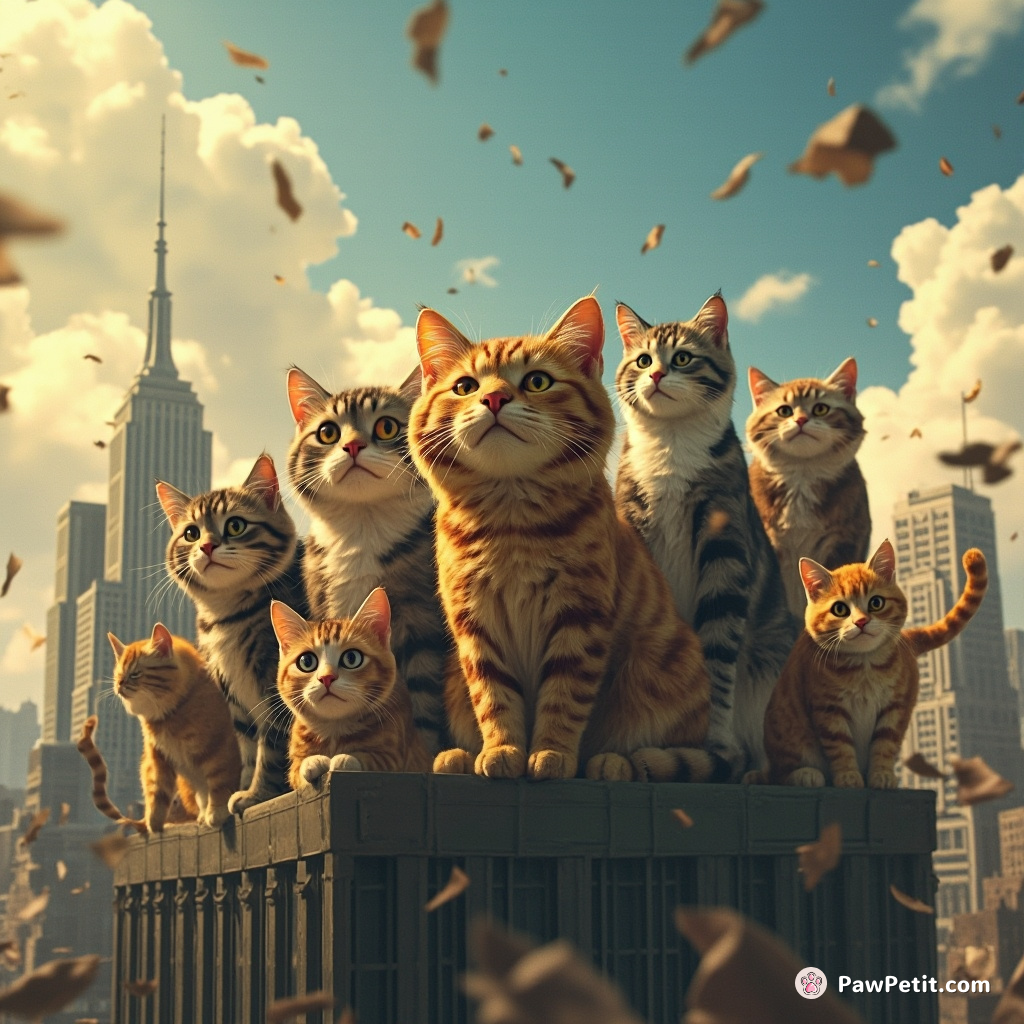In a disorderly world, a massive feline conference convenes atop skyscrapers to decree new human policies.