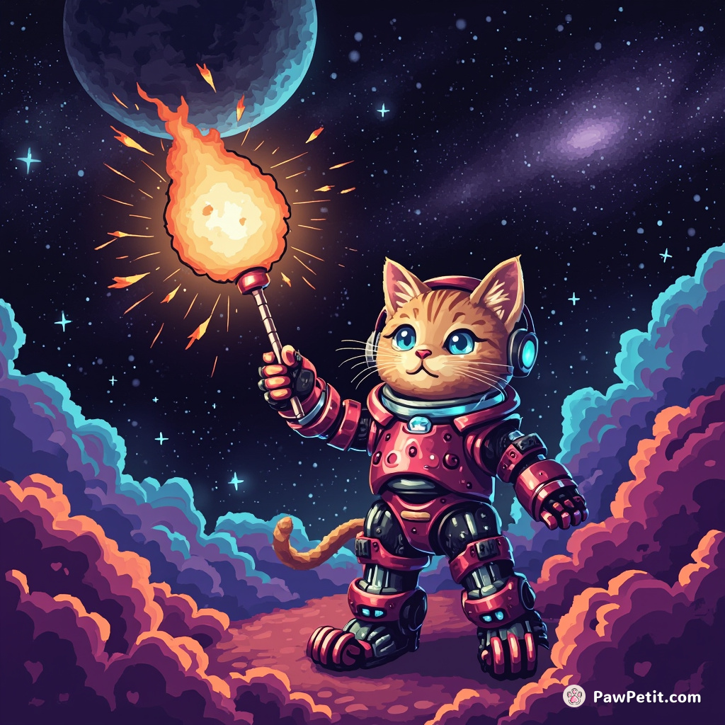 Cybernetic kitten beckoning interstellar spacecraft with giant rotisserie chicken wand lit by nebula light.