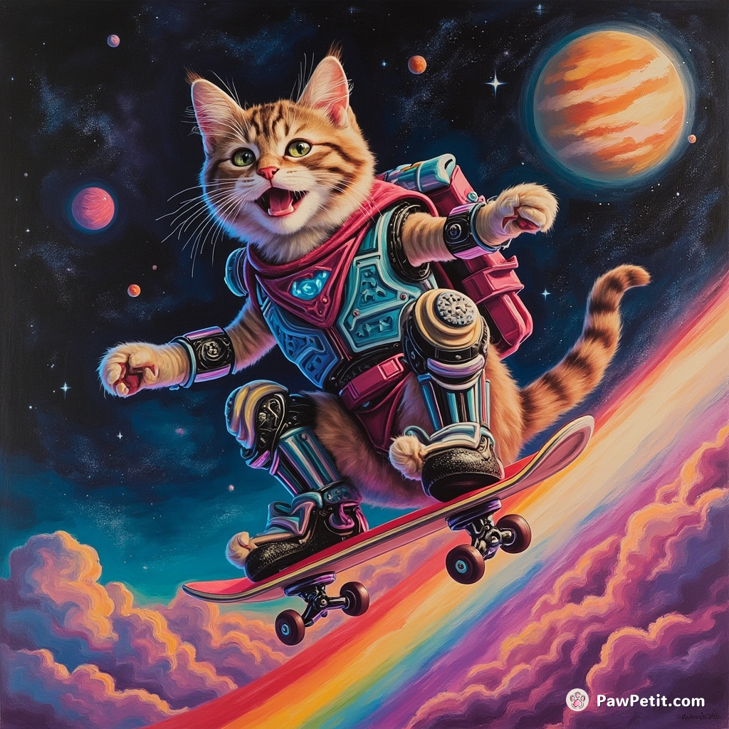A neon, cyborg cat joyfully skateboarding on a rainbow in zero gravity with Venus as the backdrop.
