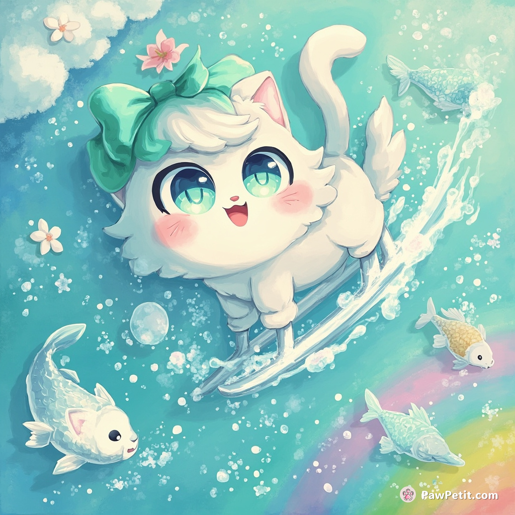 A teal cat ice-skating on a rainbow river with mother of pearl fish jumping around.