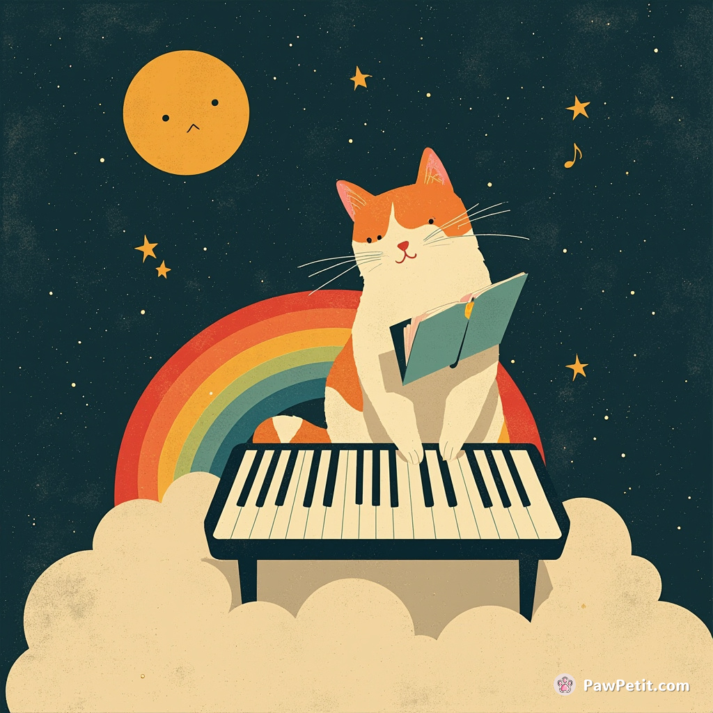 Cat composing symphonies on a rainbow piano on the moon.