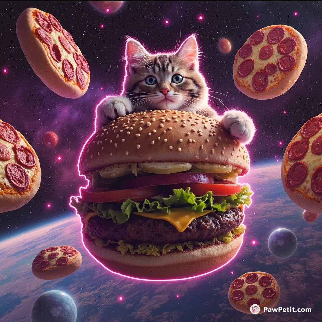 Cat body-slamming a giant hamburger in zero gravity space, with pepperoni pizzas cosmos as backdrop.