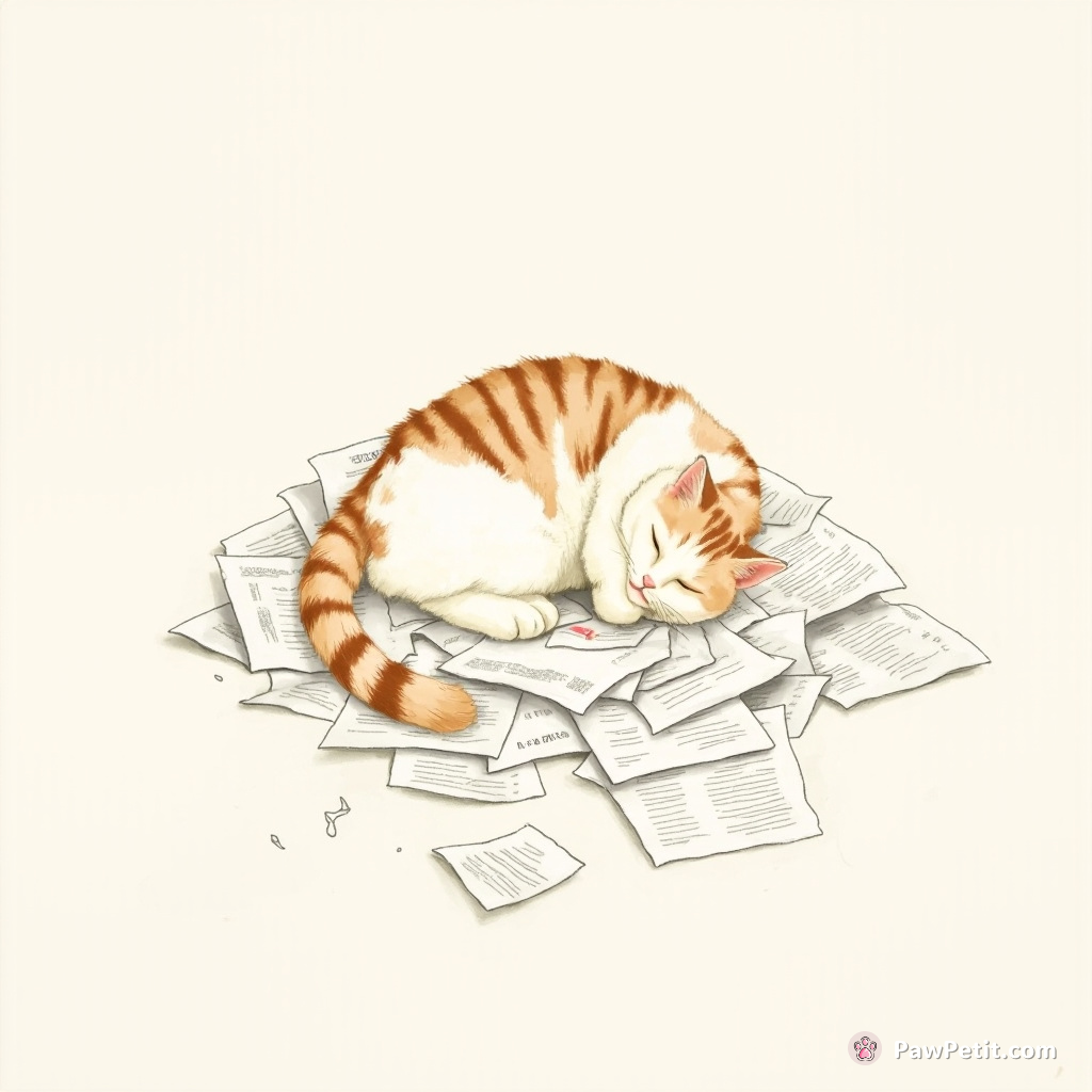 Cat imagines tax forms as napkin, snoozes on pile only to smudge and scatter them with burly tail swish.