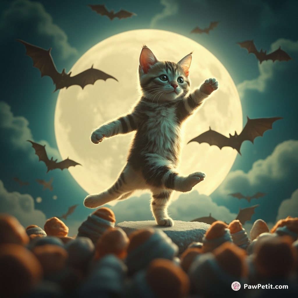 Cat tap-dancing on a gigantic marshmallow moon with bats as audience.