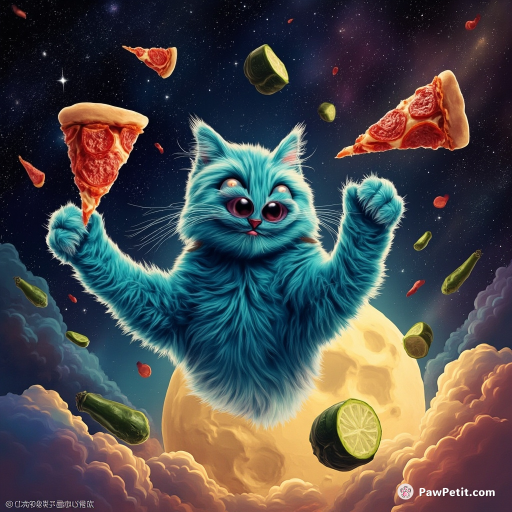 A neon-blue alien cat heroically hurls slices of intergalactic pepperoni at invading zucchini spacecrafts, floating in a bubble cheese moon space-scape.