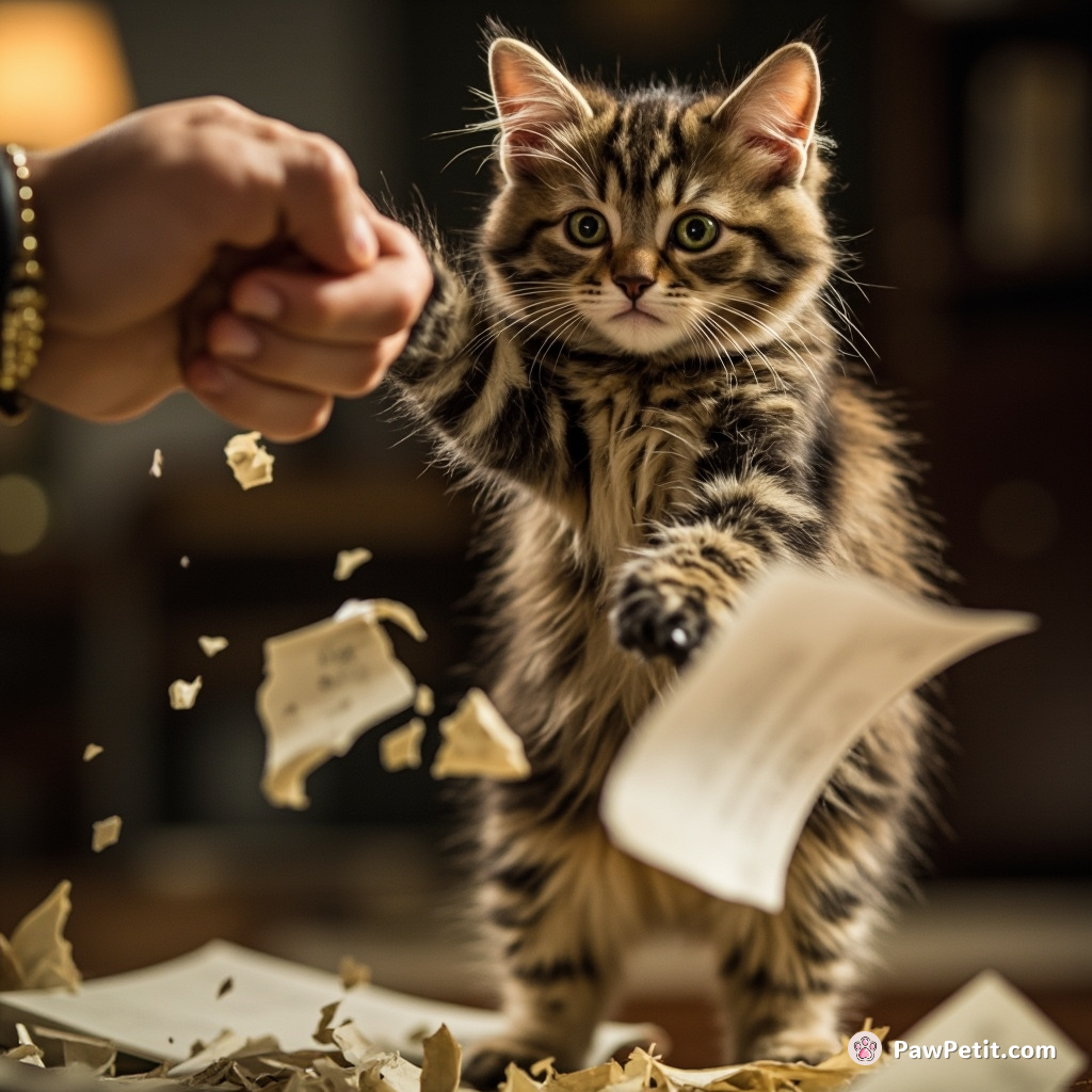 Cat insidiously 'walks' on hind legs, accidentally shredders important document with murderous claws while trying to shake hands.