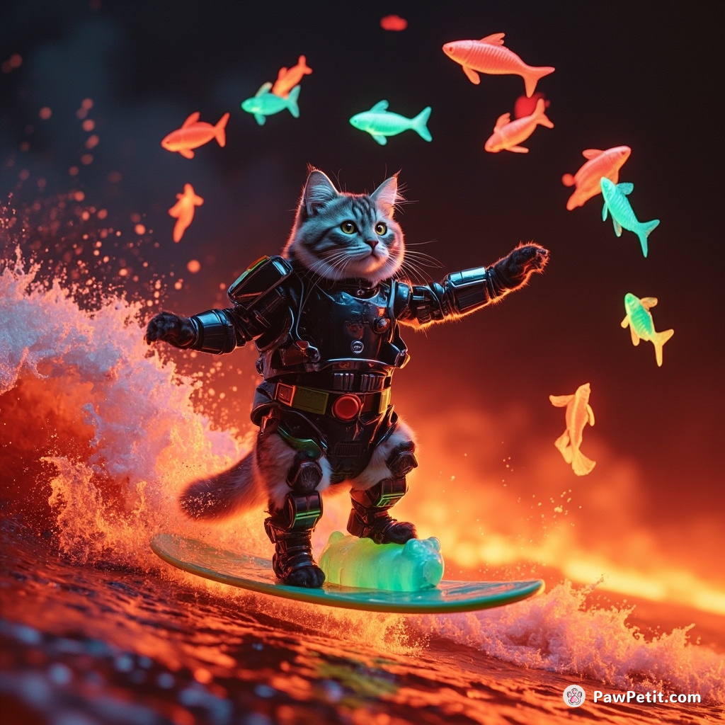 Cyborg cat surfing a molten lava wave using a mint-flavored gummy bear while juggling fluorescent, levitating fish.