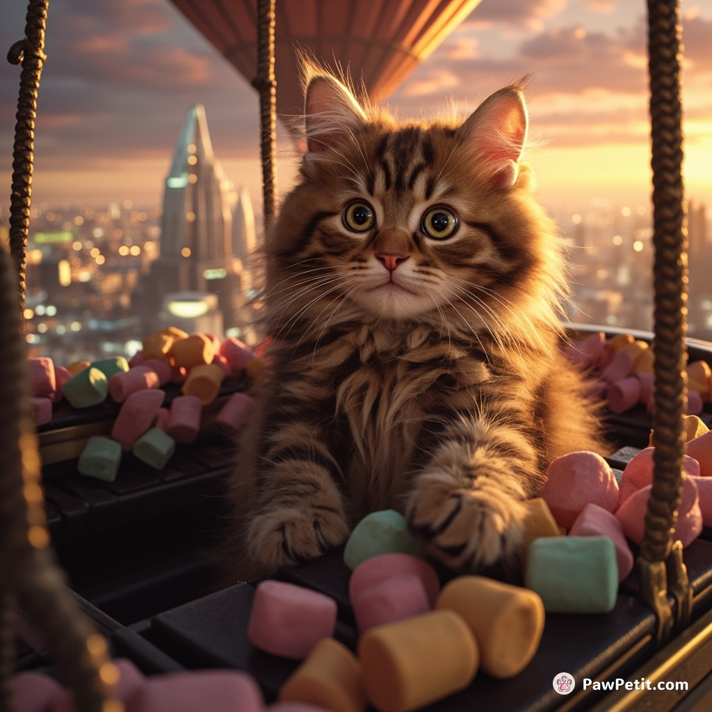 A cat playing a grand piano filled with colorful marshmallows in a floating hot air balloon over an alien cityscape at sunset.