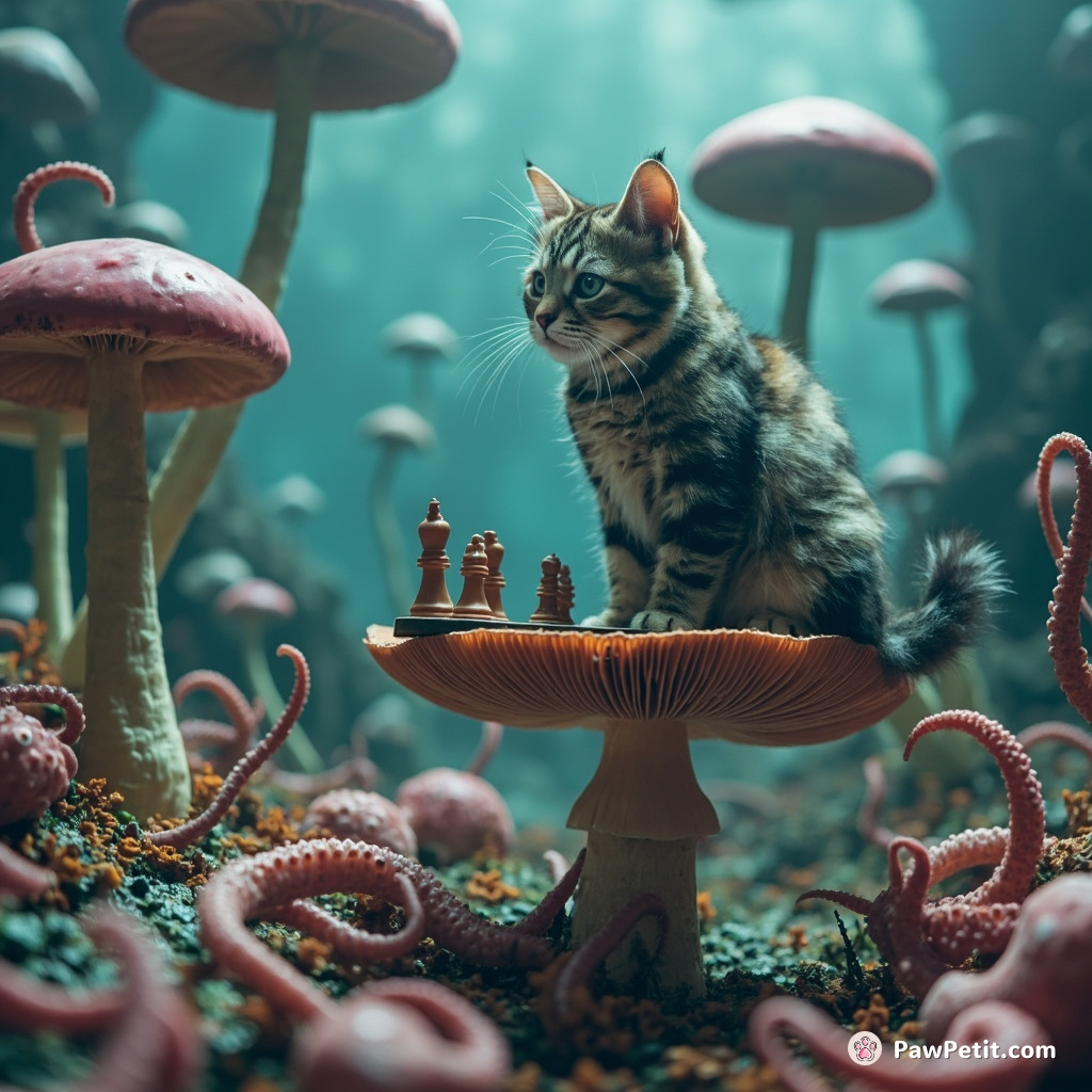 A psychedelic cat balancing on a mushroom, playing extraterrestrial 3D chess with cephalopods underwater.