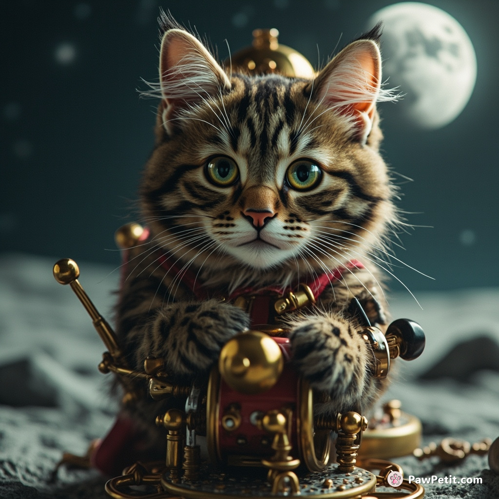 A steampunk cat operating a quirky espresso machine on the moon.