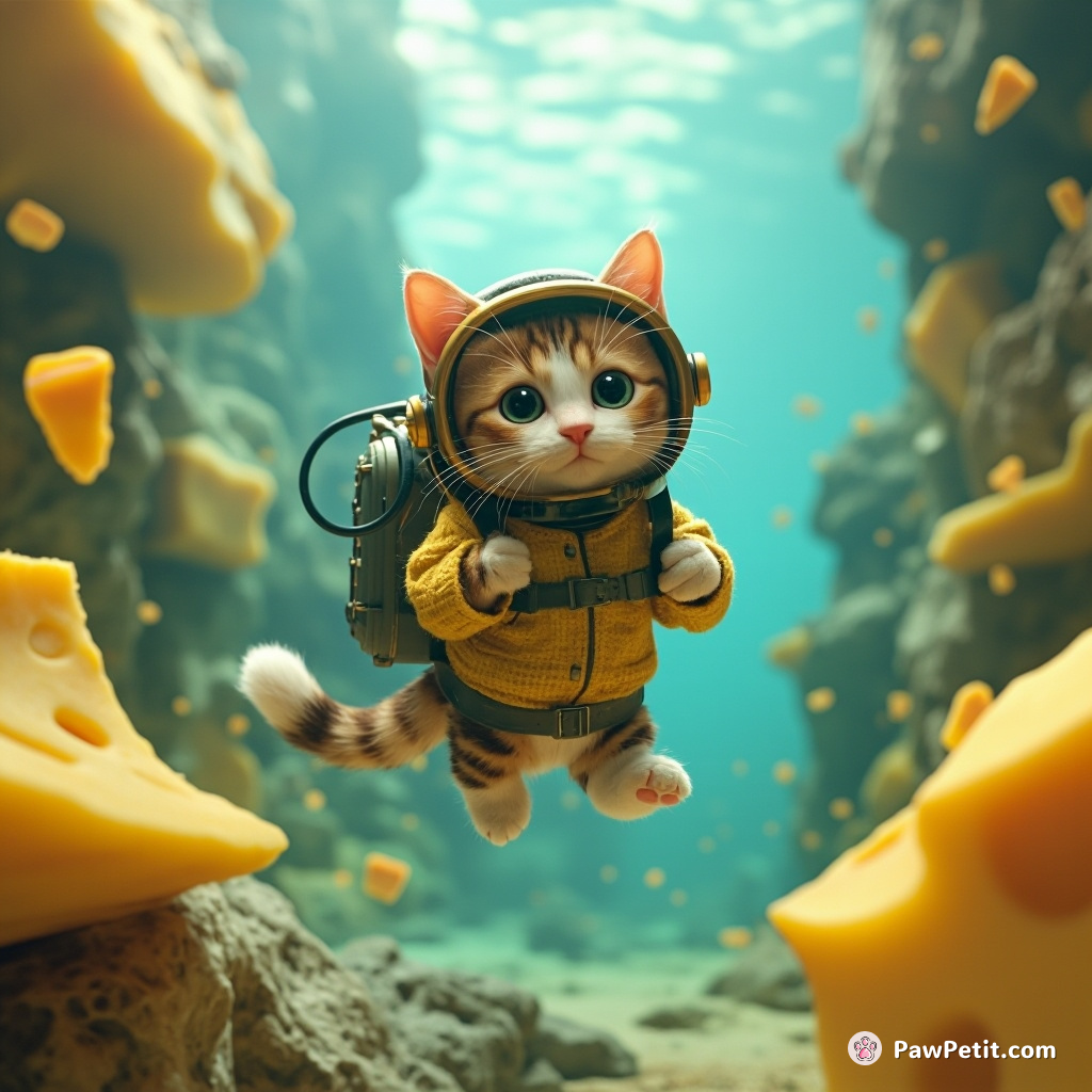 A calico cat in scuba gear, exploring an underwater cheese city.