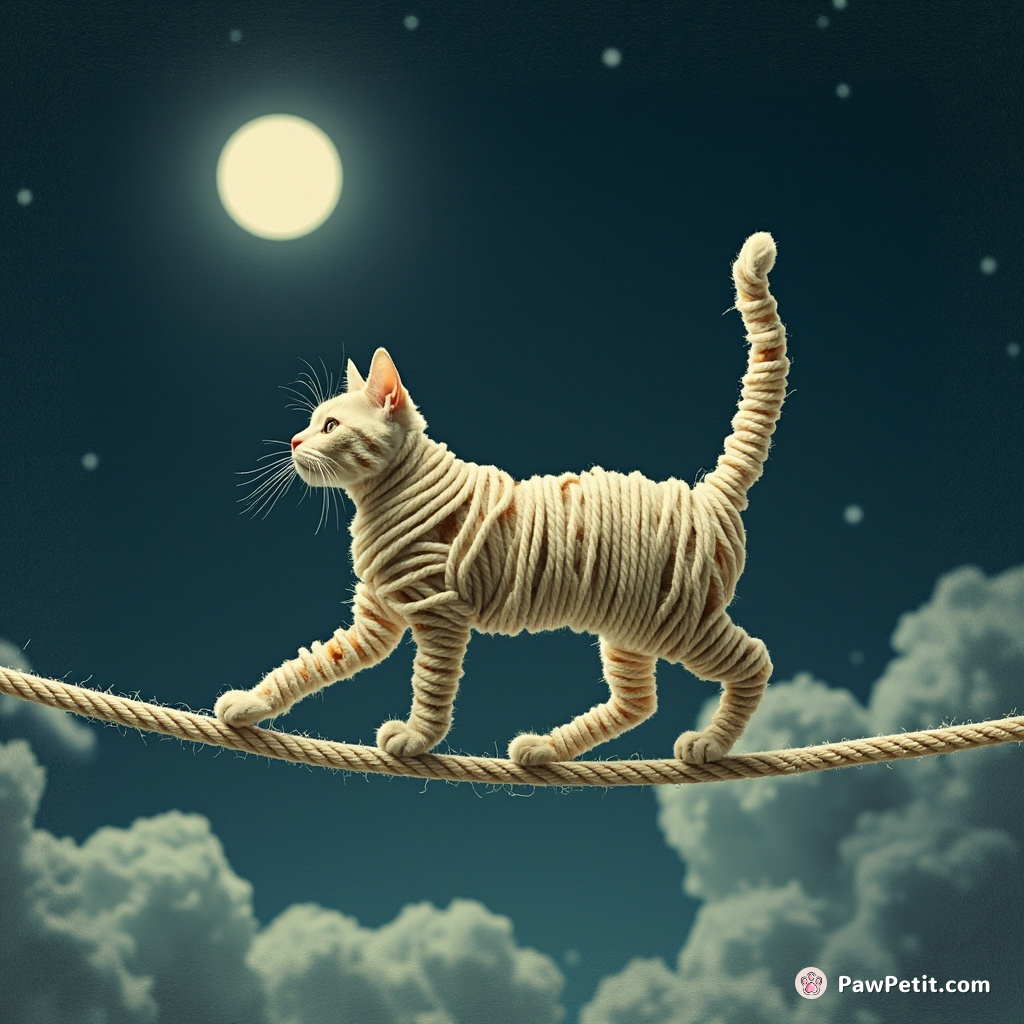 Cyborg catpery rope-running on a like moonlit sky made of spooled yarn.