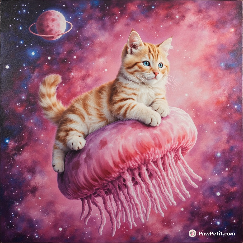 Cat riding a floating jellyfish in a bubble-gum pink galaxy.